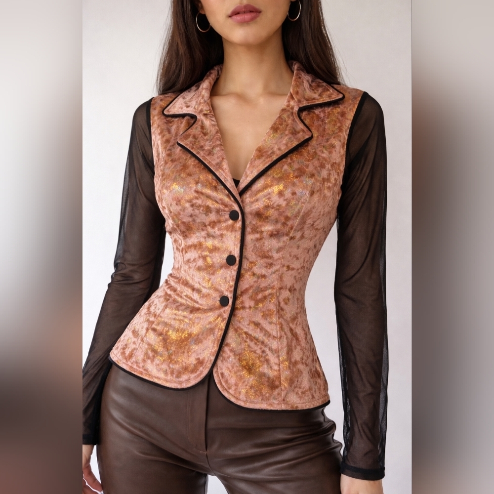 Quinn Rare Liquid Gold Blazer XS Holographic Velvet Mesh Sleeve Disco Whimsigoth